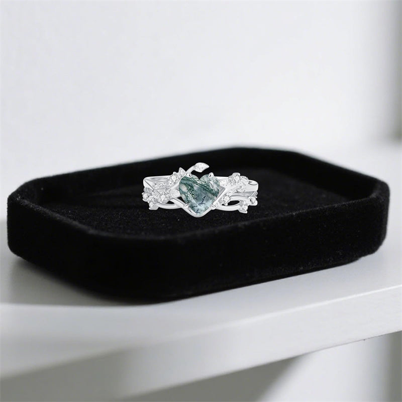 Sterling Silver Personalized Engraved Moss Agate Bridal Wedding Promise Engagement Ring Set for Women