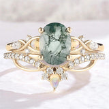 Sterling Silver 10K 14K 18K Gold  Personalized  Engraved Natural Moss Agate Engagement Bridal Wedding Ring Set