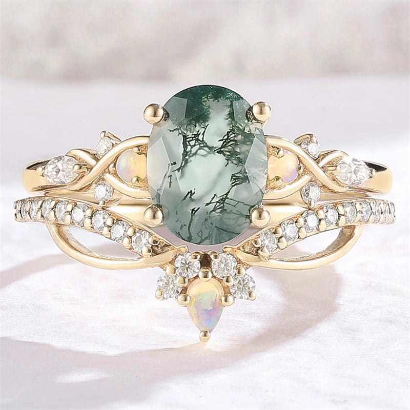 Sterling Silver 10K 14K 18K Gold  Personalized  Engraved Natural Moss Agate Engagement Bridal Wedding Ring Set
