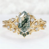 Sterling Silver 10K 14K 18K Gold  Personalized  Engraved Natural Moss Agate Engagement Bridal Wedding Ring Set
