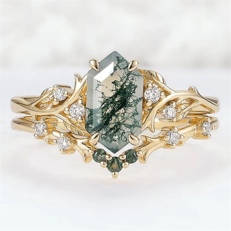 Sterling Silver 10K 14K 18K Gold  Personalized  Engraved Natural Moss Agate Engagement Bridal Wedding Ring Set