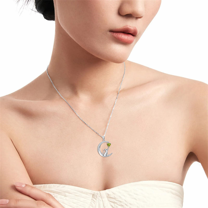 Sterling Silver Heart Birthstone Cat Pendant Necklace