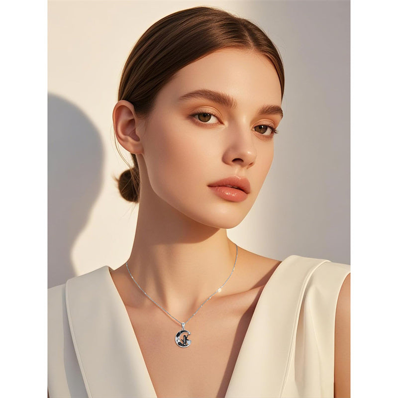 Sterling Silver Heart Birthstone Moon Star Black Cat Pendant Necklace