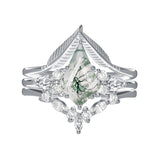 Sterling Silver Personalized Engraved Moss Agate Bridal Wedding Promise Engagement Ring Set for Women