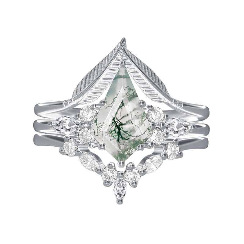 Sterling Silver Personalized Engraved Moss Agate Bridal Wedding Promise Engagement Ring Set for Women