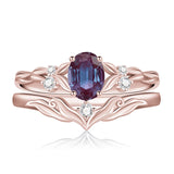 Sterling Silver 10K 14K 18K Gold  Oval Cut Unique Vine Gemstone Wedding Ring Set