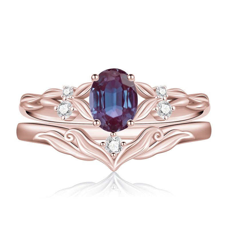 Sterling Silver 10K 14K 18K Gold  Oval Cut Unique Vine Gemstone Wedding Ring Set