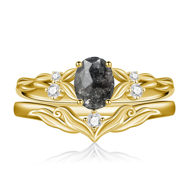 Sterling Silver 10K 14K 18K Gold  Oval Cut Unique Vine Gemstone Wedding Ring Set