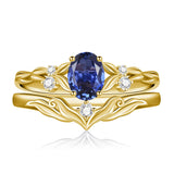 Sterling Silver 10K 14K 18K Gold  Oval Cut Unique Vine Gemstone Wedding Ring Set