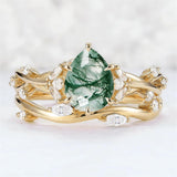 Sterling Silver 10K 14K 18K Gold  Personalized  Engraved Natural Moss Agate Engagement Bridal Wedding Ring Set
