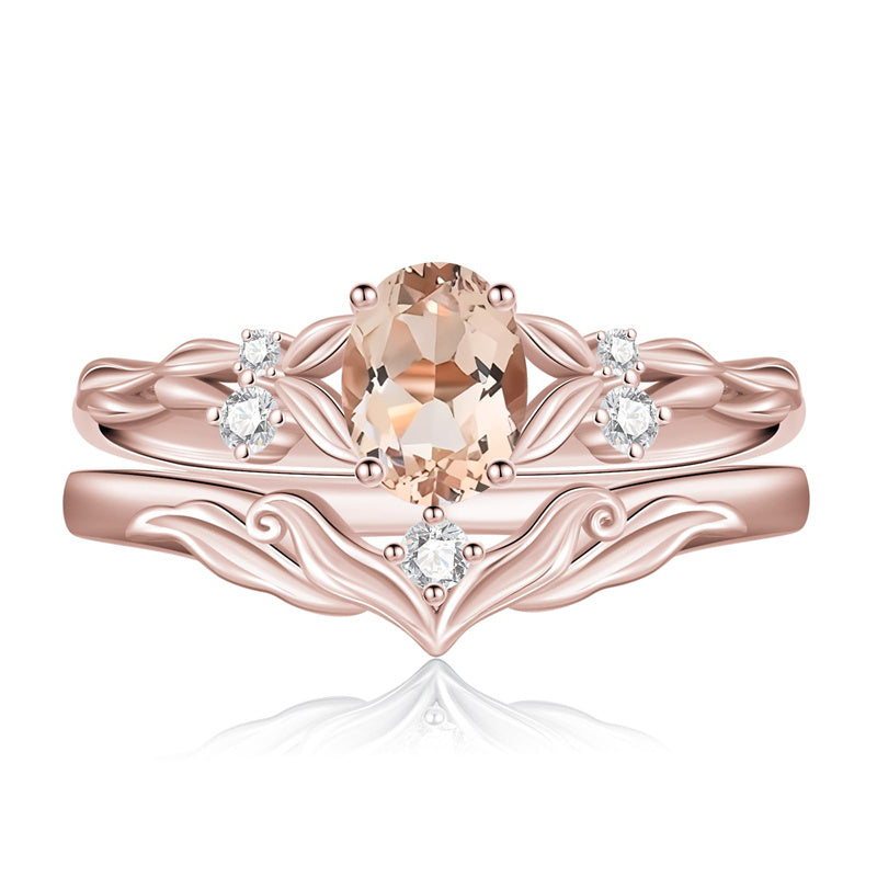 Sterling Silver 10K 14K 18K Gold  Oval Cut Unique Vine Gemstone Wedding Ring Set