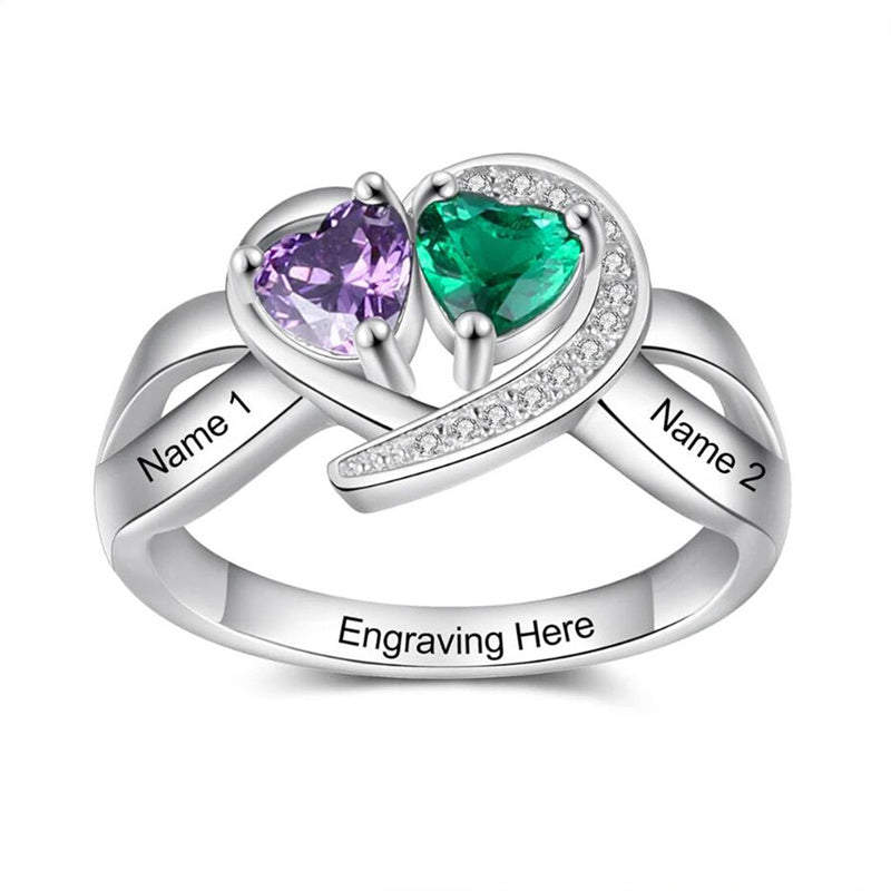 10K 14K 18 K Gold Personalized Engraved 2 Simulated Heart Birthstone Ring