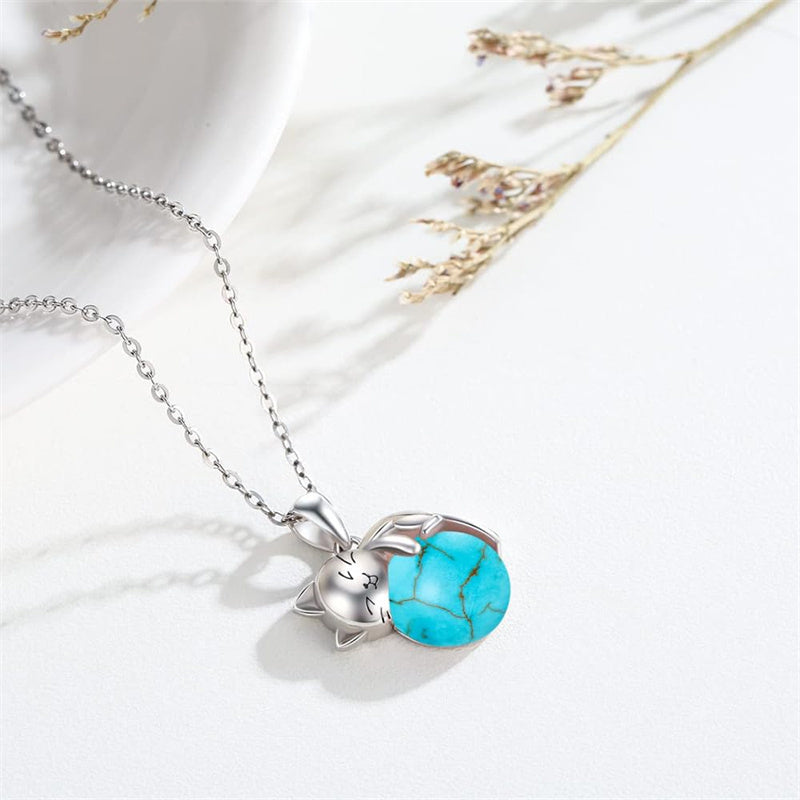 14K Gold Turquoise Larimar Labradorite Moss Agate Blue Sandstone  Cat Pendant Necklace