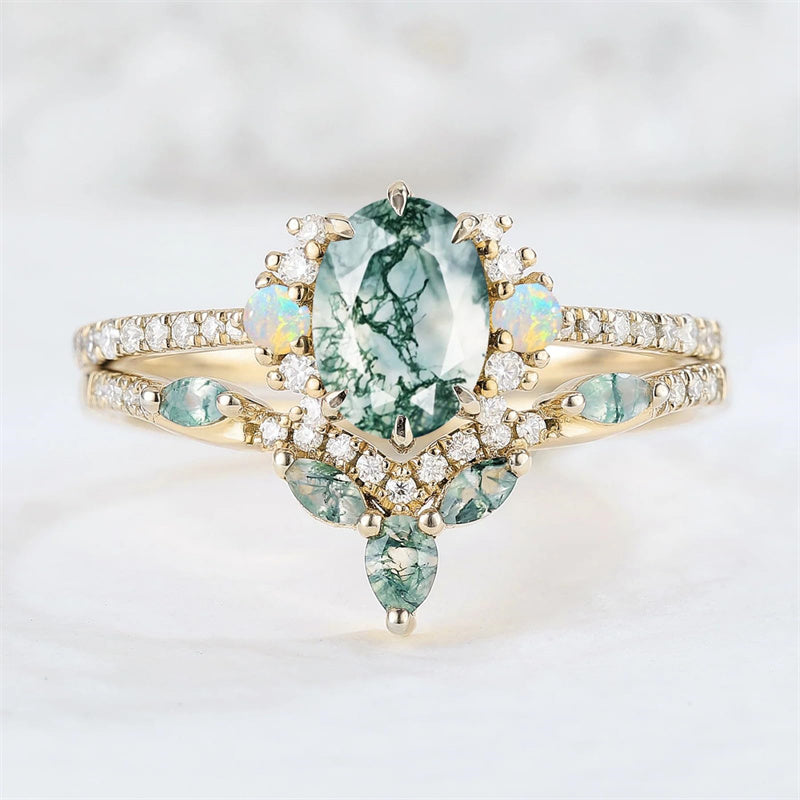 Sterling Silver 10K 14K 18K Gold  Personalized  Engraved Natural Moss Agate Engagement Bridal Wedding Ring Set