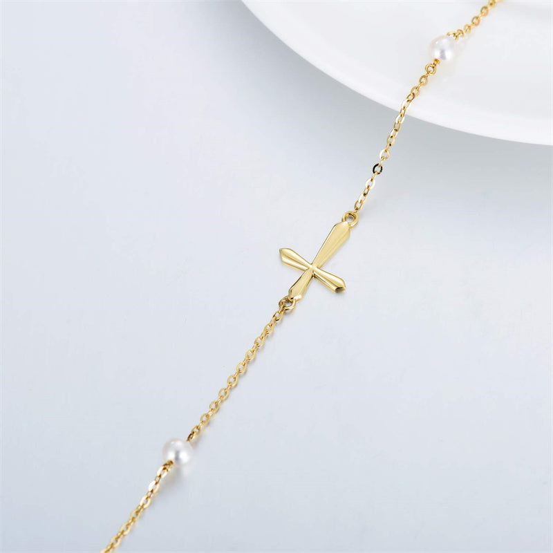 14k Gold Pearl Cross Single Layer Anklet