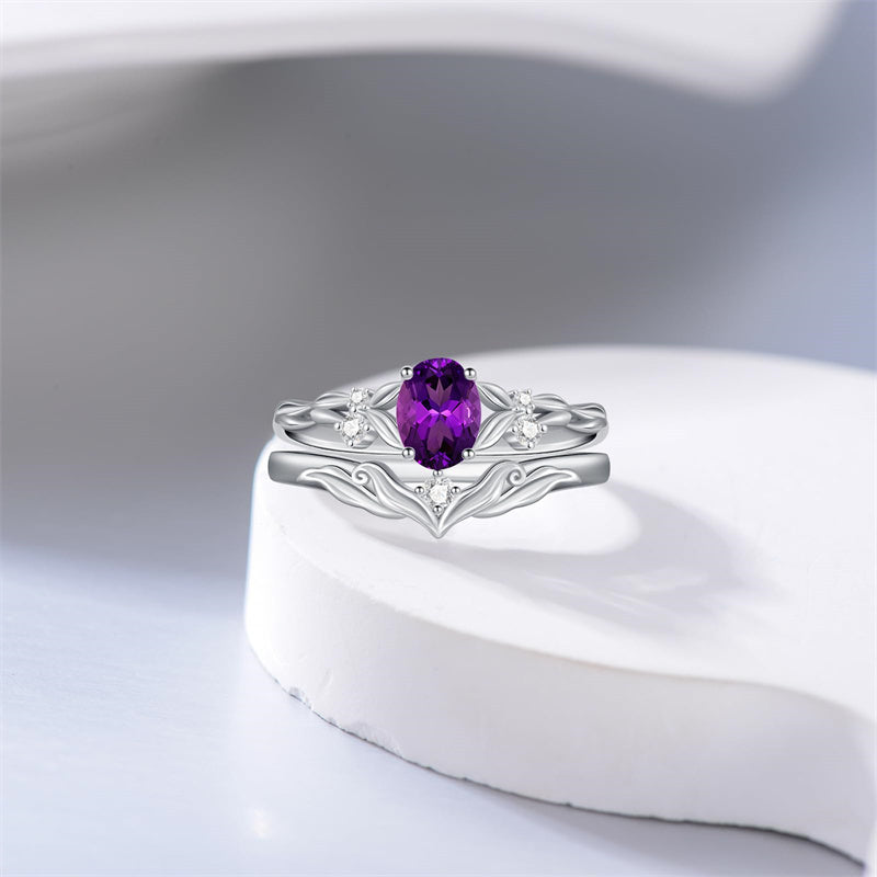 Sterling Silver 10K 14K 18K Gold  Oval Cut Unique Vine Gemstone Wedding Ring Set