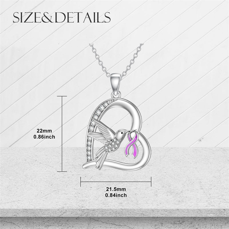 Sterling Silver Cubic Zircon Hummingbird Cancer Awareness Pendant Necklace Gifts for Women
