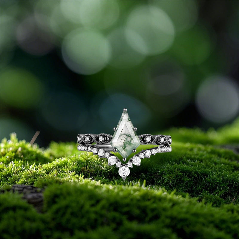 Sterling Silver 10K 14K 18K Gold  Personalized  Engraved Pear Kite Round Cut Moss Agate Engagement Ring Set