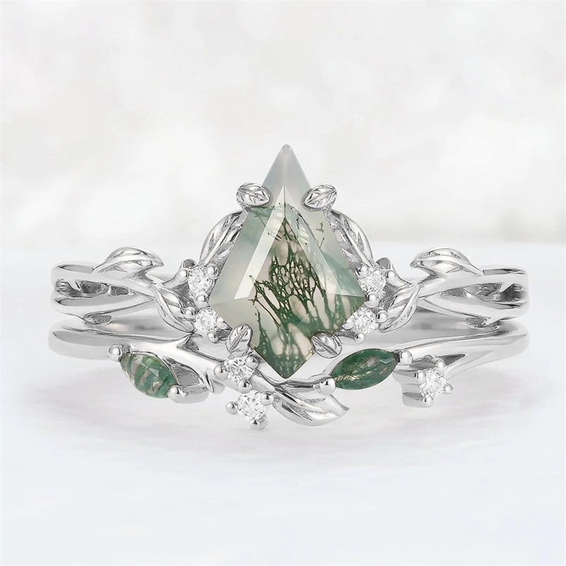 Sterling Silver 10K 14K 18K Gold  Personalized  Engraved Natural Moss Agate Engagement Bridal Wedding Ring Set