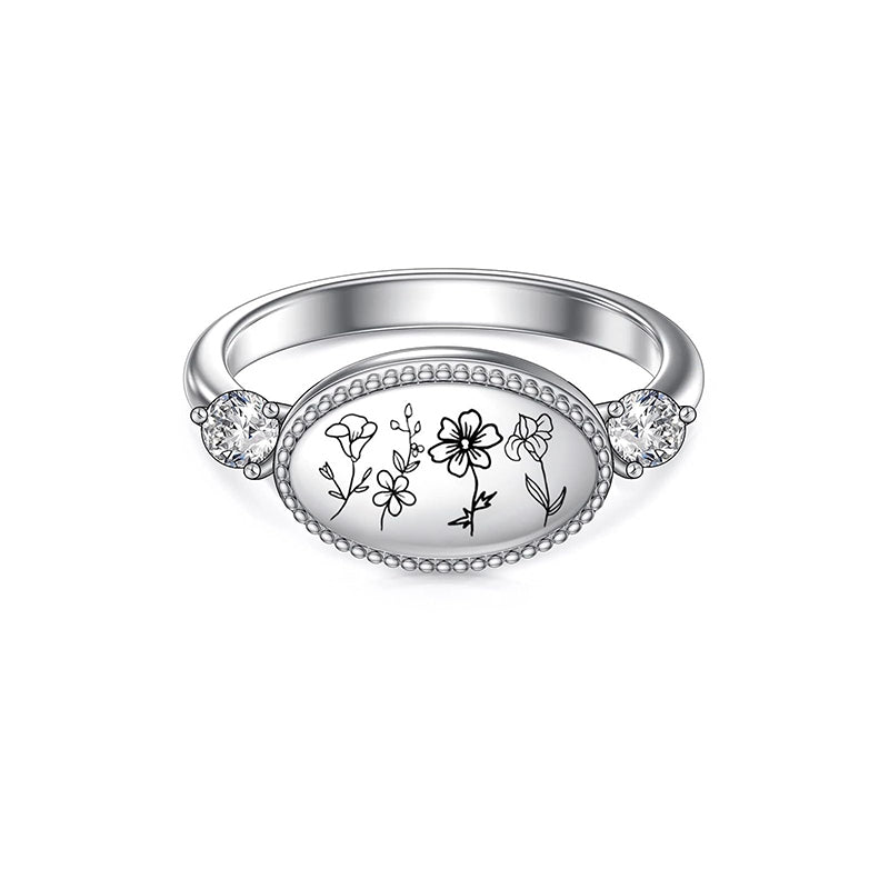 Sterling Silver Personalized Birth Flower Ring Wildflower Nature Ring
