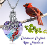 Sterling Silver Heart Crystal Red Cardinal Urn Necklace for Ashes