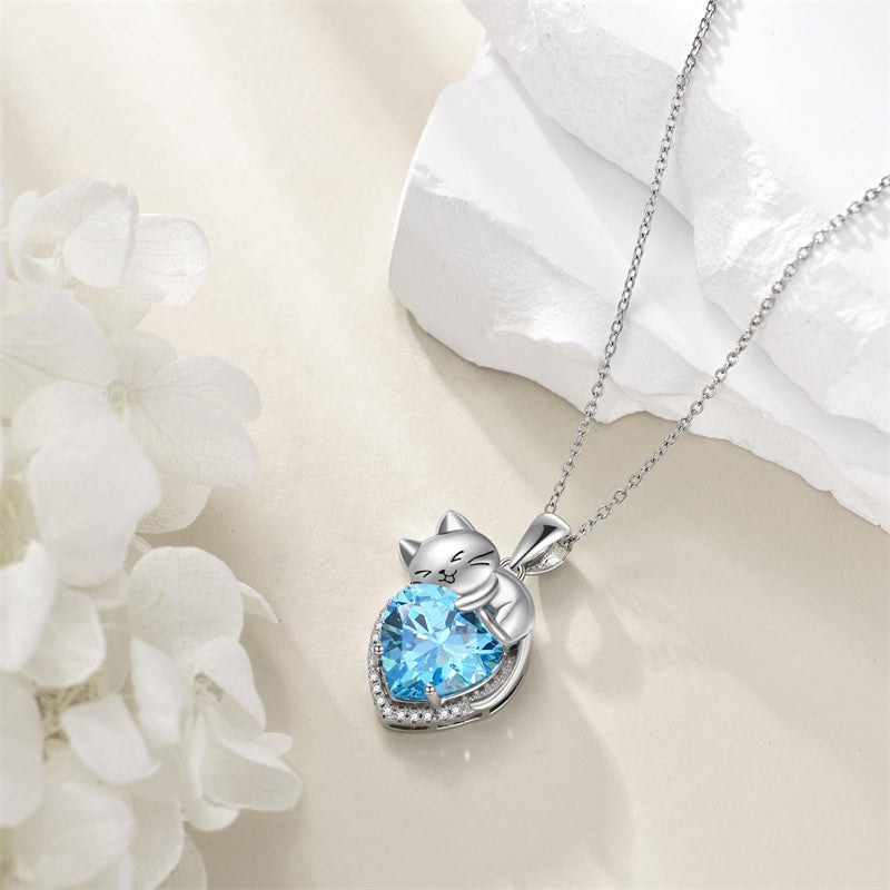 Sterling Silver Heart Birthstone Cat Pendant Necklace