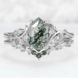 Sterling Silver 10K 14K 18K Gold  Personalized  Engraved Natural Moss Agate Engagement Bridal Wedding Ring Set