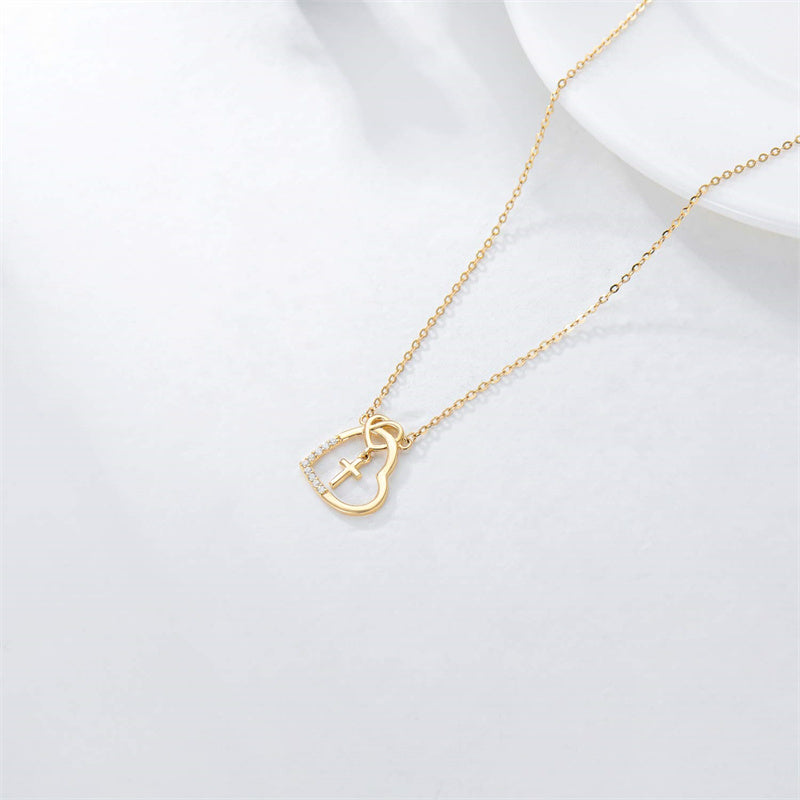 14K l Gold Heart Cubic Zirconia Cross Heart Pendant Necklace