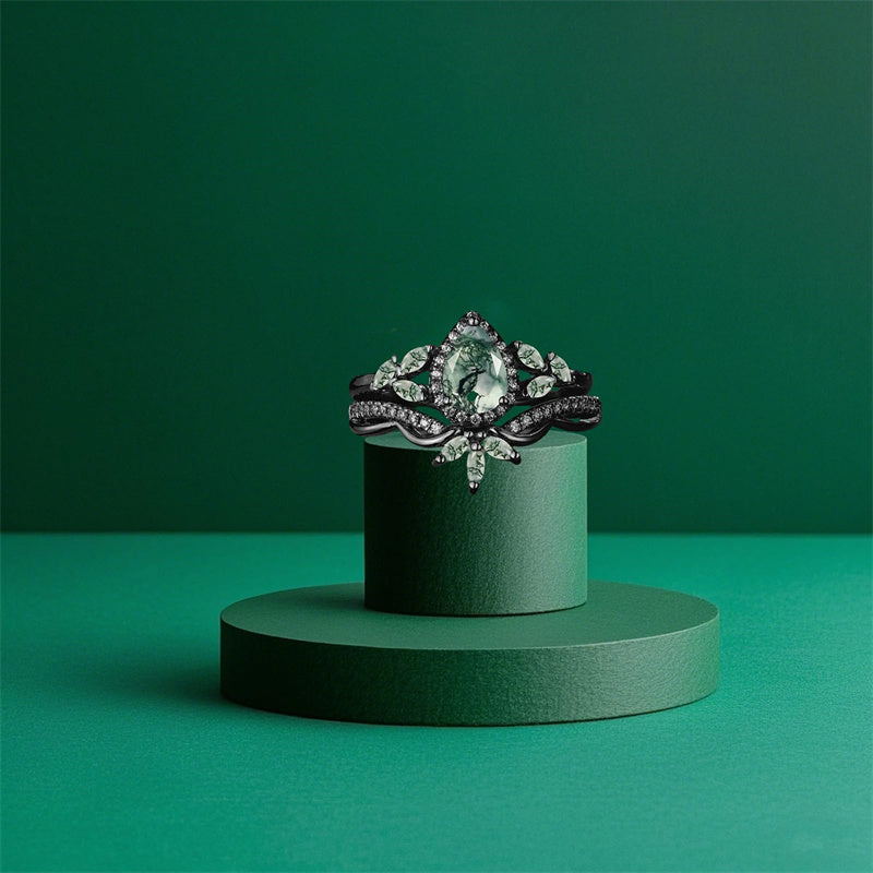 Sterling Silver 10K 14K 18K Gold  Personalized  Engraved Pear Kite Round Cut Moss Agate Engagement Ring Set