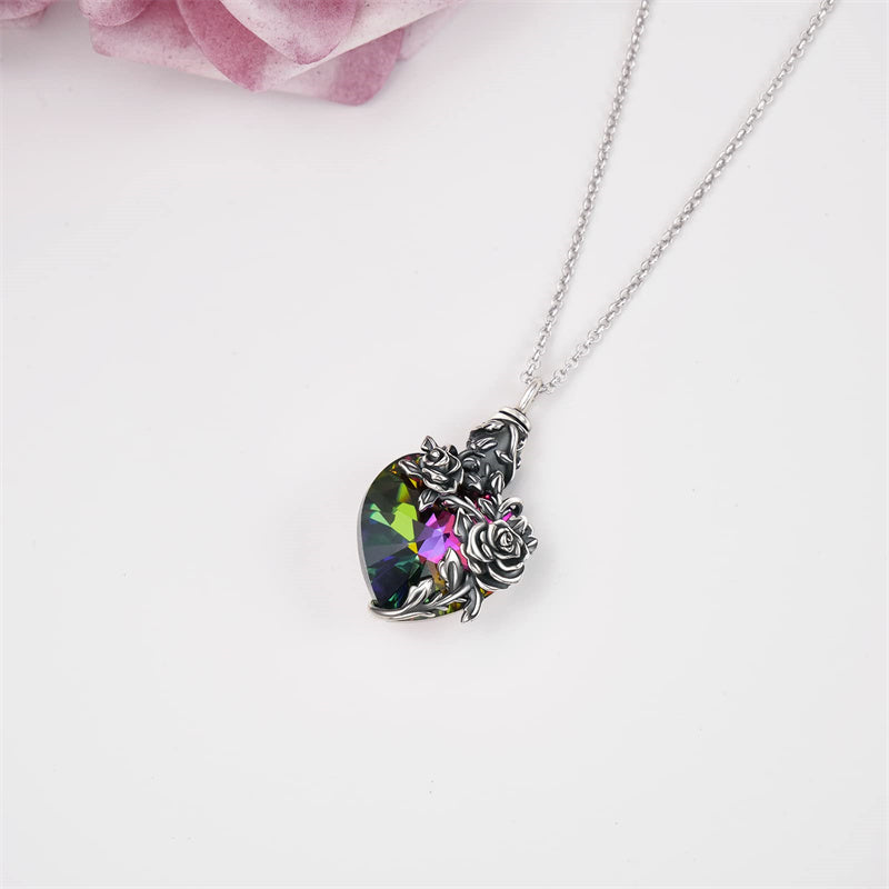 Sterling Silver Heart TearDangle Crystal Rose Cremation Urn Necklace for Ashes