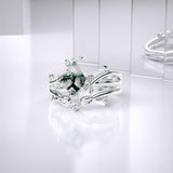 Sterling Silver Kite Cut Natural Moss Agate  Ring Set Promise Ring