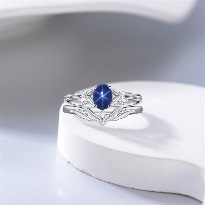 Sterling Silver 10K 14K 18K Gold  Oval Cut Unique Vine Gemstone Wedding Ring Set