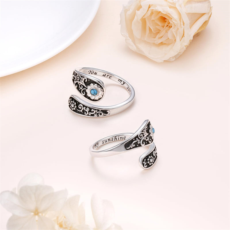 Sterling Silver Vintage Turquoise Sunflower Adjustable Spoon Ring Engraved with You Are My Sunshine