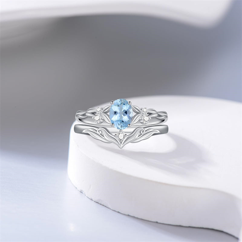 Sterling Silver 10K 14K 18K Gold  Oval Cut Unique Vine Gemstone Wedding Ring Set