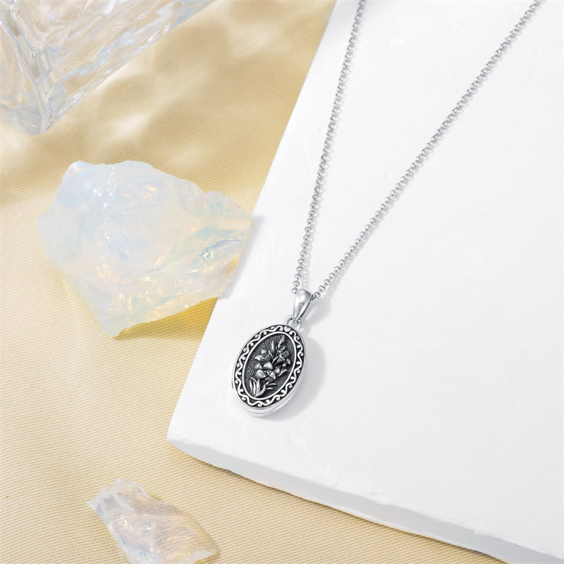 Sterling Silver Personalized Photo 12 Month Birth Flower Pendant Necklace