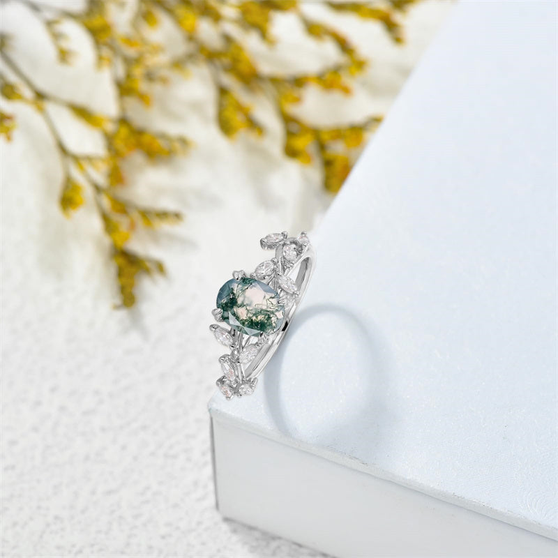 Sterling Silver 10K 14K 18K 2CT Natural Moss Agate Leaf Engagement Wedding Promise Rings Set