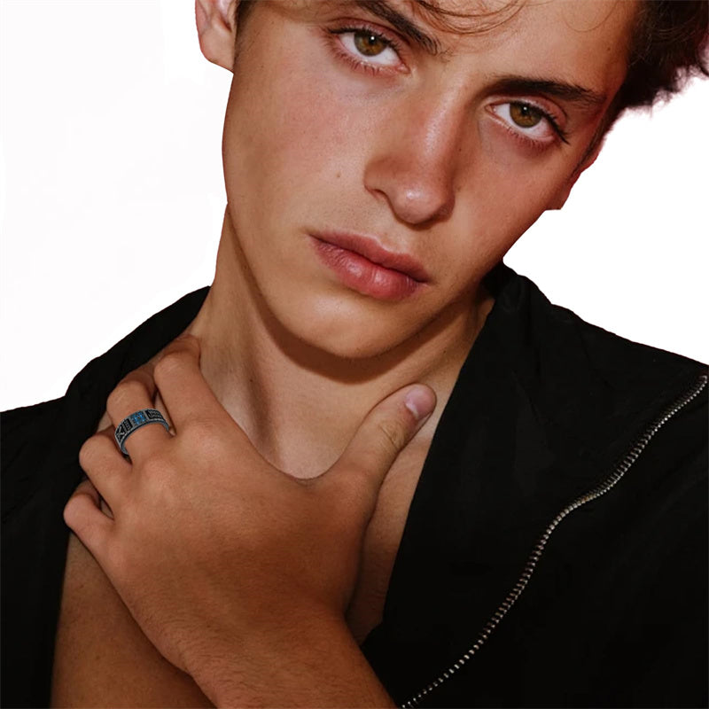 Sterling Silver Personalized Birthstone Engraved Pattern Class Band Ring For Men