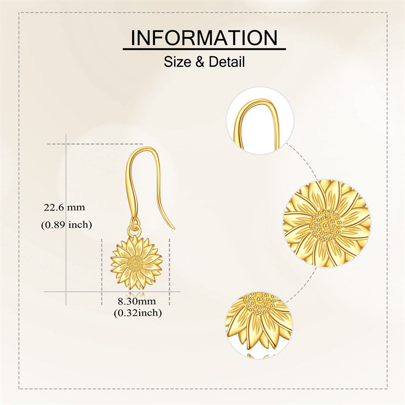 14K Yellow Gold Sunflower Dangle Earrings
