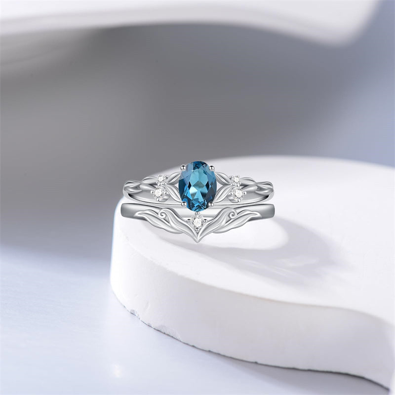 Sterling Silver 10K 14K 18K Gold  Oval Cut Unique Vine Gemstone Wedding Ring Set