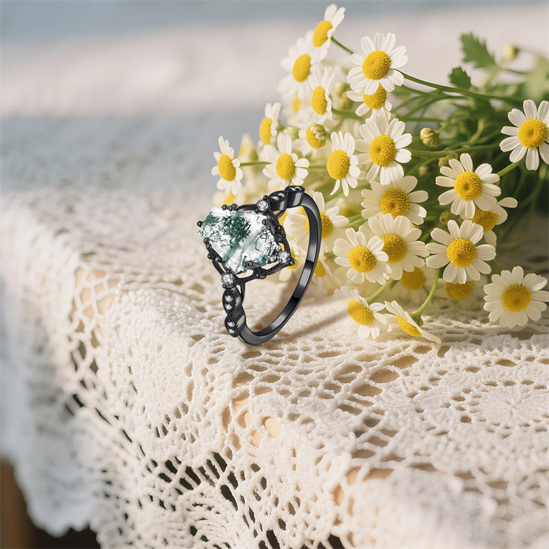 Sterling Silver Personalized Engraved Black Moss Agate Bridal Wedding Promise Engagement Ring for Women