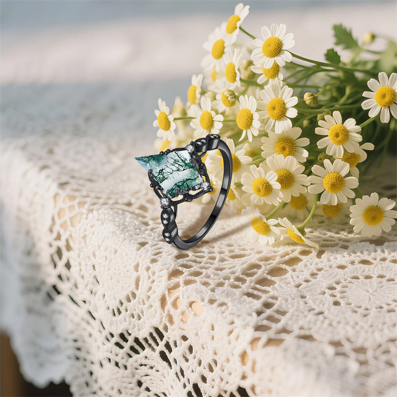 Sterling Silver Personalized Engraved Black Moss Agate Bridal Wedding Promise Engagement Ring for Women