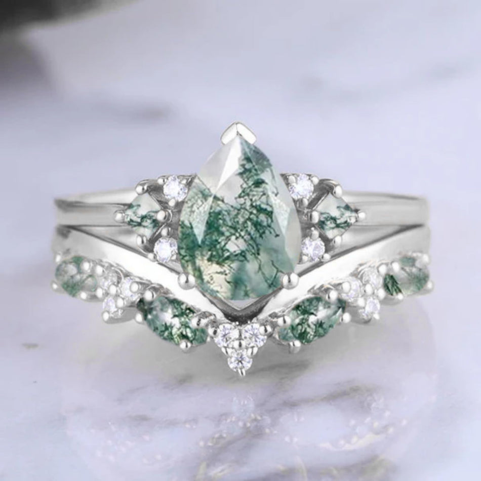Sterling Silver 10K 14K 18K Gold  Personalized  Engraved Natural Moss Agate Engagement Bridal Wedding Ring Set