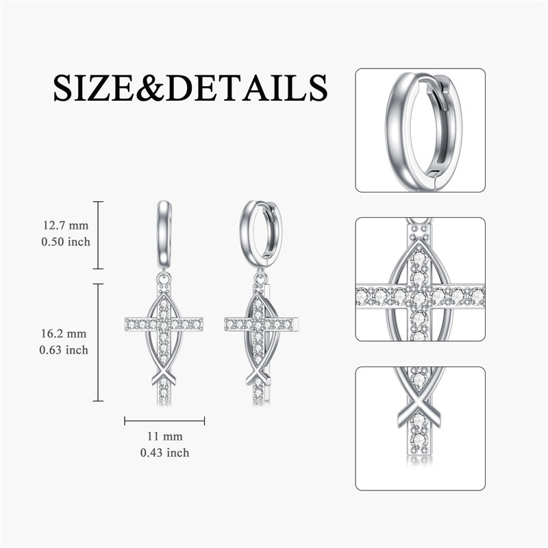 Sterling Silver Cross Sun Viking Wave Hoop Earrings for Men