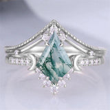 Sterling Silver 10K 14K 18K Gold  Personalized  Engraved Natural Moss Agate Engagement Bridal Wedding Ring Set