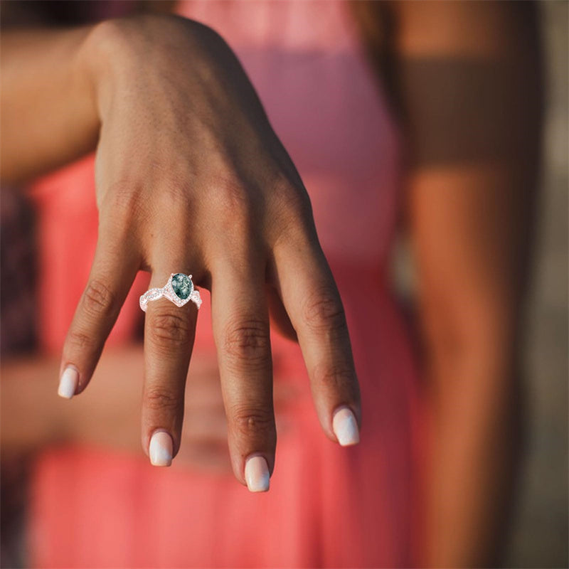 Sterling Silver Natural Moss Agate Engagement Ring