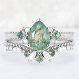 Sterling Silver 10K 14K 18K Gold  Personalized  Engraved Natural Moss Agate Engagement Bridal Wedding Ring Set