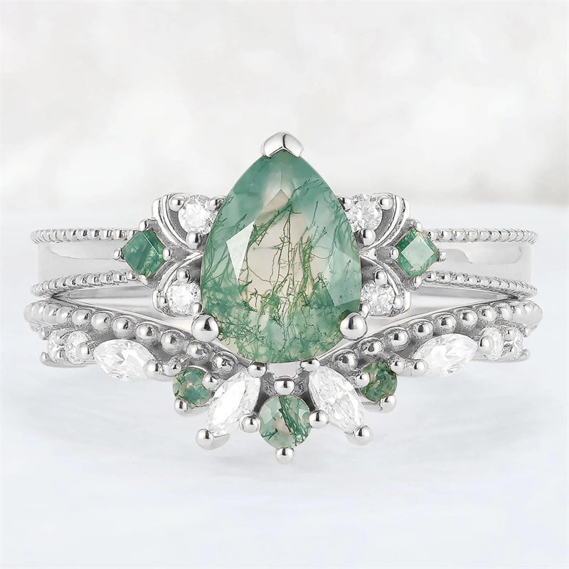 Sterling Silver 10K 14K 18K Gold  Personalized  Engraved Natural Moss Agate Engagement Bridal Wedding Ring Set