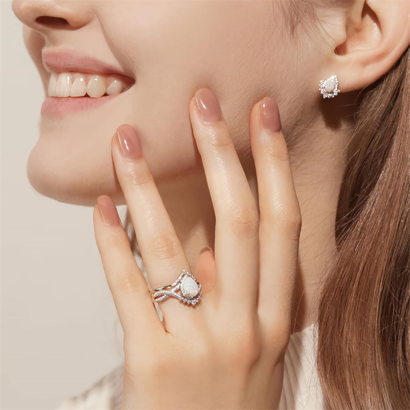 Sterling Silver 10K 14K 18K Gold  Pear Shaped Gemstone Engagement Rings Set