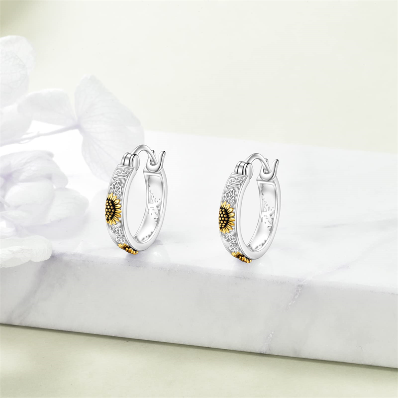 Sterling Silver Sunflower Hoop Earrings