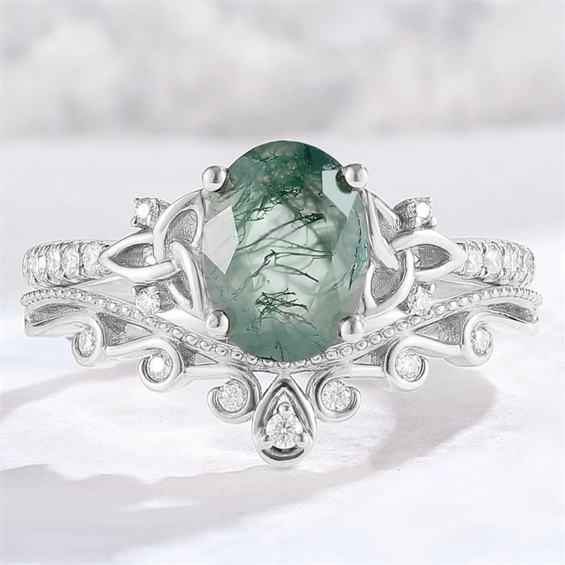 Sterling Silver 10K 14K 18K Gold  Personalized  Engraved Natural Moss Agate Engagement Bridal Wedding Ring Set